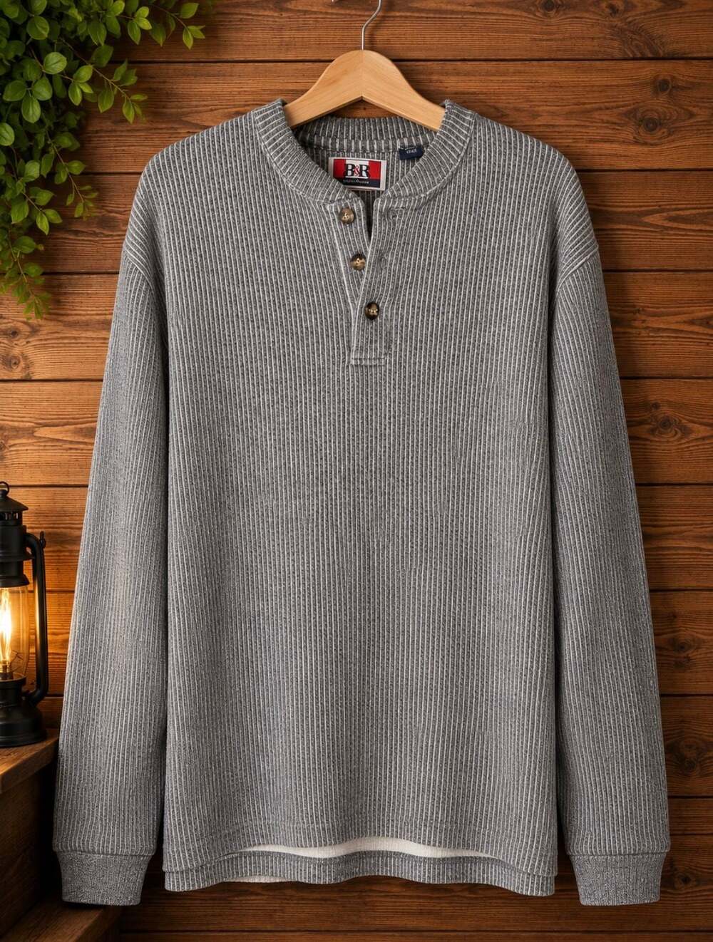 R&R Jean Co. Men's Gray Long Sleeve Textured Waffle Knit Henley Shirt